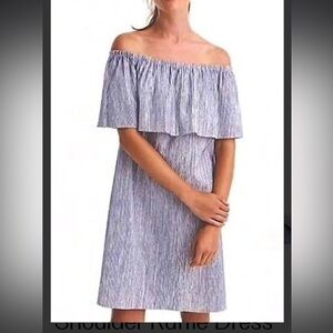 J. Crew off the Shoulder Dress Ruffle Blue& White Striped dress size medium